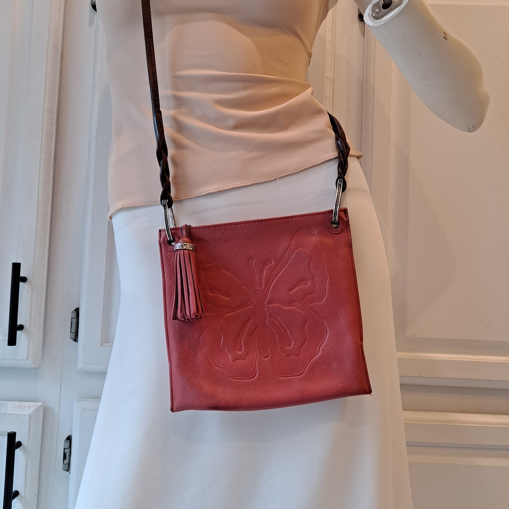 Brighton Coral Butterfly Embossed Crossbody W/Tassel & Genuine Silver Hardware - Picture 2 of 8